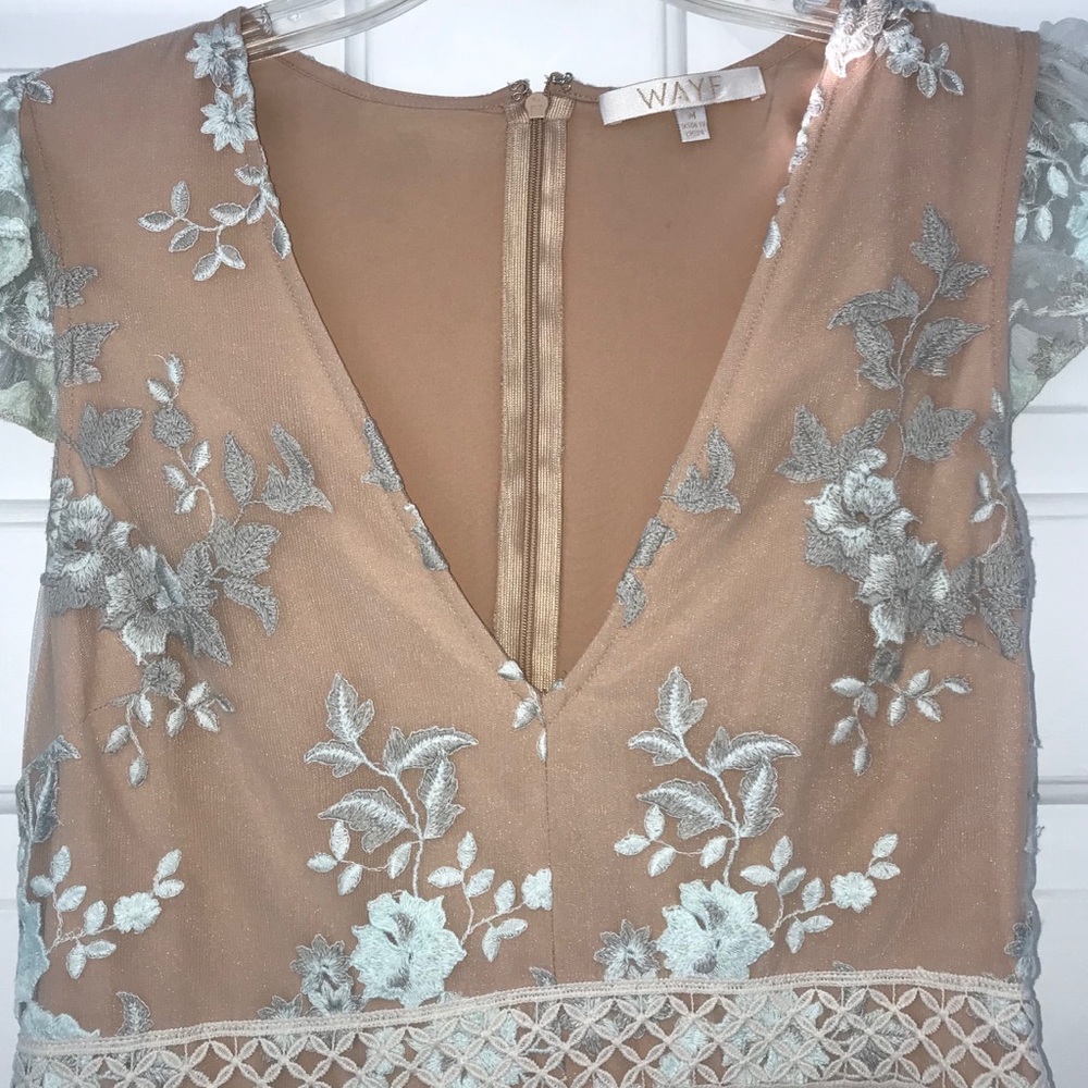 WAYF floor length blue and tan prom dress